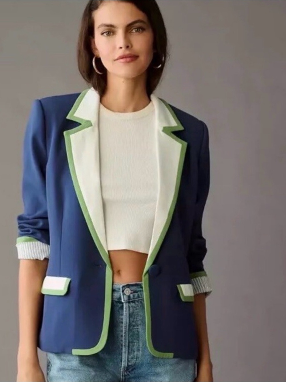 Maeve Navy Blazer with White and Green Trim